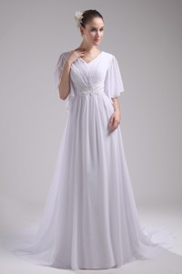 Empire V-neck Short Sleeves Ruching Chiffon Bridal Dress For Cheap