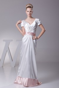 Short Sleeves V-neck Wedding Dress in White with Pink Sash and Brush Train 
