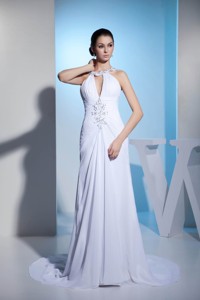 Court Train Beaded Ruched White Wedding Dress with Cutouts 