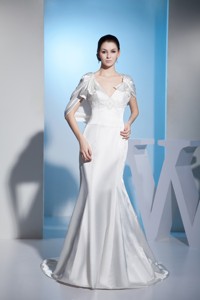 Special Style Beaded V-neck White Bridal Dress Court Train