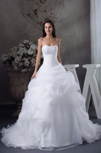Ball Gown Pick-ups Beading Brush Train Wedding Dress 