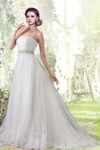 Elegant Lace Strapless Brush Train Wedding Dress With Beading