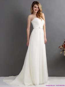 White Strapless Wedding Dress With Brush Train And Sash