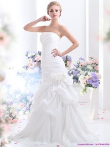 Ruffles Strapless White Bridal Gowns with Hand Made Flower 