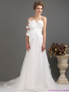 Ruffles Strapless Bownot White Wedding Dress With Brush Train