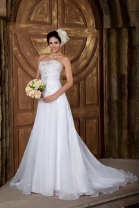 Customize Strapless Court Train Organza Embroidery Wedding Dress
