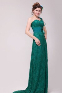 Informal Column One Shoulder Floor-length Lace Green Prom Dress