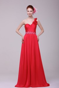 Red One Shoulder Beading and Flowers Brush Train Prom Dress
