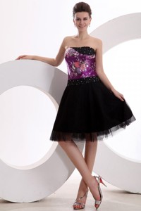 Black And Purple Appliques Beading Tulle Strapless Prom Dress
