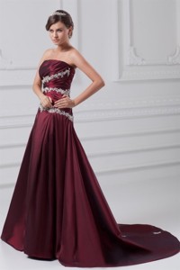 Burgundy Prom Dress With Appliques Chapel Train