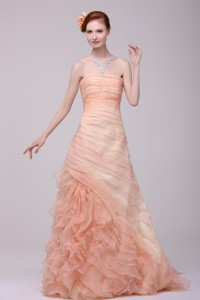 Strapless Floor-length Watermelon Zipper Up Organza Prom Dress With Ruching