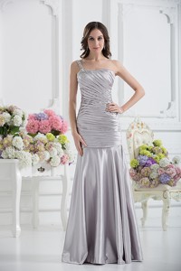 One Shoulder Satin Beading And Ruching Prom Dress In Sliver