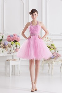 Halter Top Pink Prom Dress With Ruching And Beading