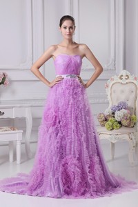 Beading And Ruffles Decorate Bodice Lavender Prom Dress Brush Train Organza