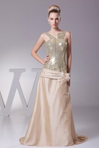 Hand Made Flower Decorate Sequin And Satin Champagne Brush Train Prom Dress