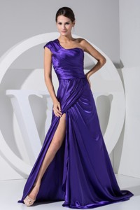 One Shoulder High Slit Purple Taffeta Brush Train Prom Dress