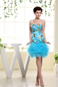 Baby Blue Appliques and Ruffles For Prom Dress With Mini-legth