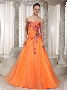 Ruched Bodice Orange Sweetheart Prom Dress With Appliques