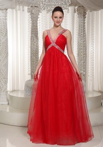 Long Prom Dress With V-neck Red Chiffon
