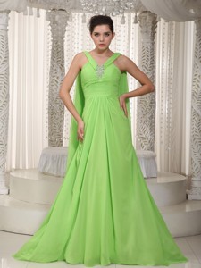Spring Green Princess V-neck Watteau Chiffon Beading Prom Dress