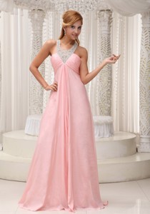 Beaded Decorate Scoop Neckline Ruched Decorate Bust Brush Train Baby Pink Chiffon Prom Dress Fo