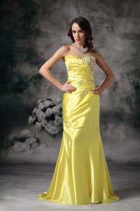Exquisite Yellow Column Sweetheart Evening Dress Taffeta Beading Brush Train