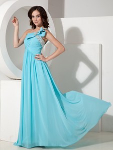 Elegant Aqua Empire One Shoulder Prom / Evening Dress Chiffon Beading