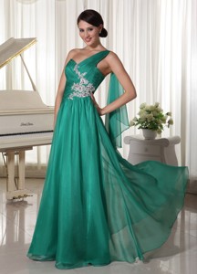 Turquosie One Shoulder Appliques and Ruch Decorate Bust Chiffon Prom Dress For Formal Evening