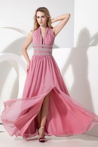 Rose Pink Empire Halter Prom Dress Chiffon Beading Floor-length