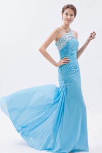 Baby Blue Mermaid One Shoulder Prom Dress Chiffon Beading Brush Train
