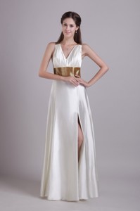 White Empire V-neck Floor-length Taffeta Sash Prom / Evening Dress