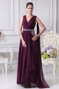 Ankle-length V-neck Prom Dress with Watteautain and Beaded Sash