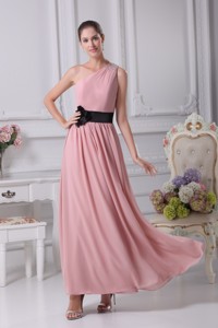 Beaded One Shoulder Ankle-length Prom Gowns with Flower Ribbon
