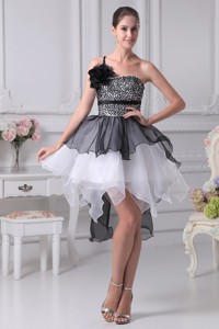 Black and White Single Flower Strap Prom Dress with Ruffles and Sequins