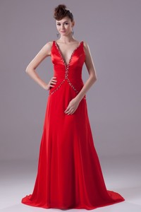 Red V-neck Brush Train Prom Dress With Beading And Ruching