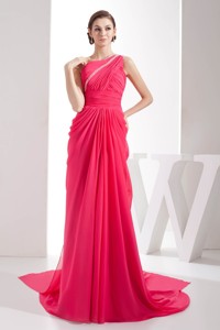 Coral Red One Shoulder Watteau Train Prom Dress