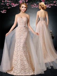Classical Column Strapless Peach Prom Dress in Organza and Lace