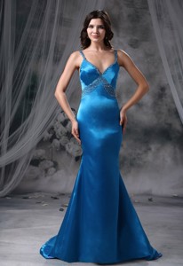 Knoxville Iowa Mermaid Blue Beaded Decorate Straps And Bust Brush Train Prom Dress