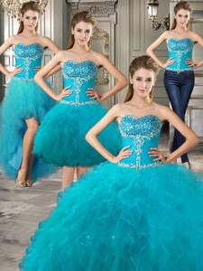 Exclusive Big Puffy Teal Detachable Quinceanera Dress With Beading And Ruffles