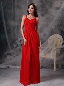 Discount Red Empire Straps Prom / Celebrity Dress Chiffon Beading and Ruch
