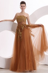 Popular Strapless Empire Floor-length Appliques Prom Dress in Brown