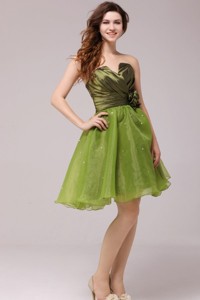 Olive Green V-neck Ruching Hand Made Flower Prom Dress