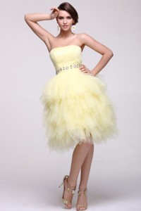 Light Yellow Strapless Beaded Prom Dress With Layers