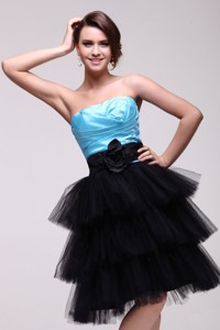 Aqua Blue and Black Short Prom Dress with Flowers and Layers