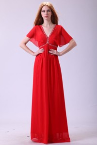 Affordable Empire V-neck Beading Chiffon Short Sleeves Prom Dress in Red