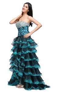 Strapless Black And Blue Ruffled Layers Organza Beading Prom Dress