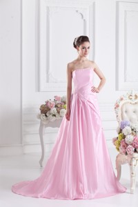 Baby Pink Court Train Strapless Ruching Prom Dress