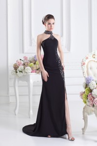 Black Halter Top Empire Prom Dress With Beading