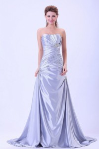 Custom Made Prom Evening Dress Silver Ruched And Appliques With Brush Train