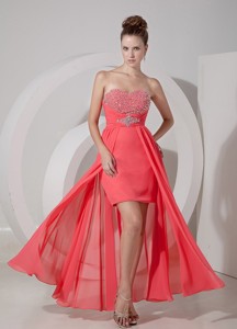 Watermelon Red High-low Prom Dress / Evening Gown with Beading